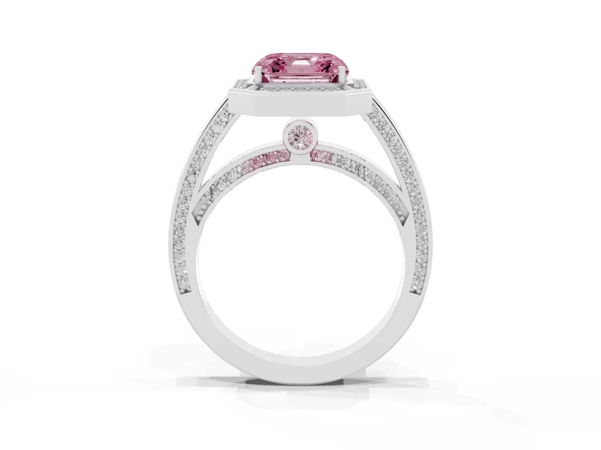 Fancy Pink Asscher Cut Cut Halo Pave Split Shank Prong Setting Ring Silver