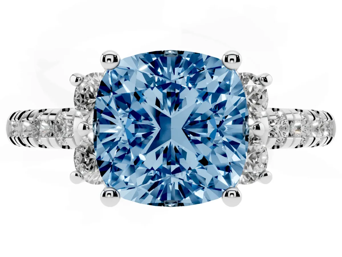 Fancy Blue Cushion Cut Diamond Three-Stone Pave Band with Four-Prong Setting White gold