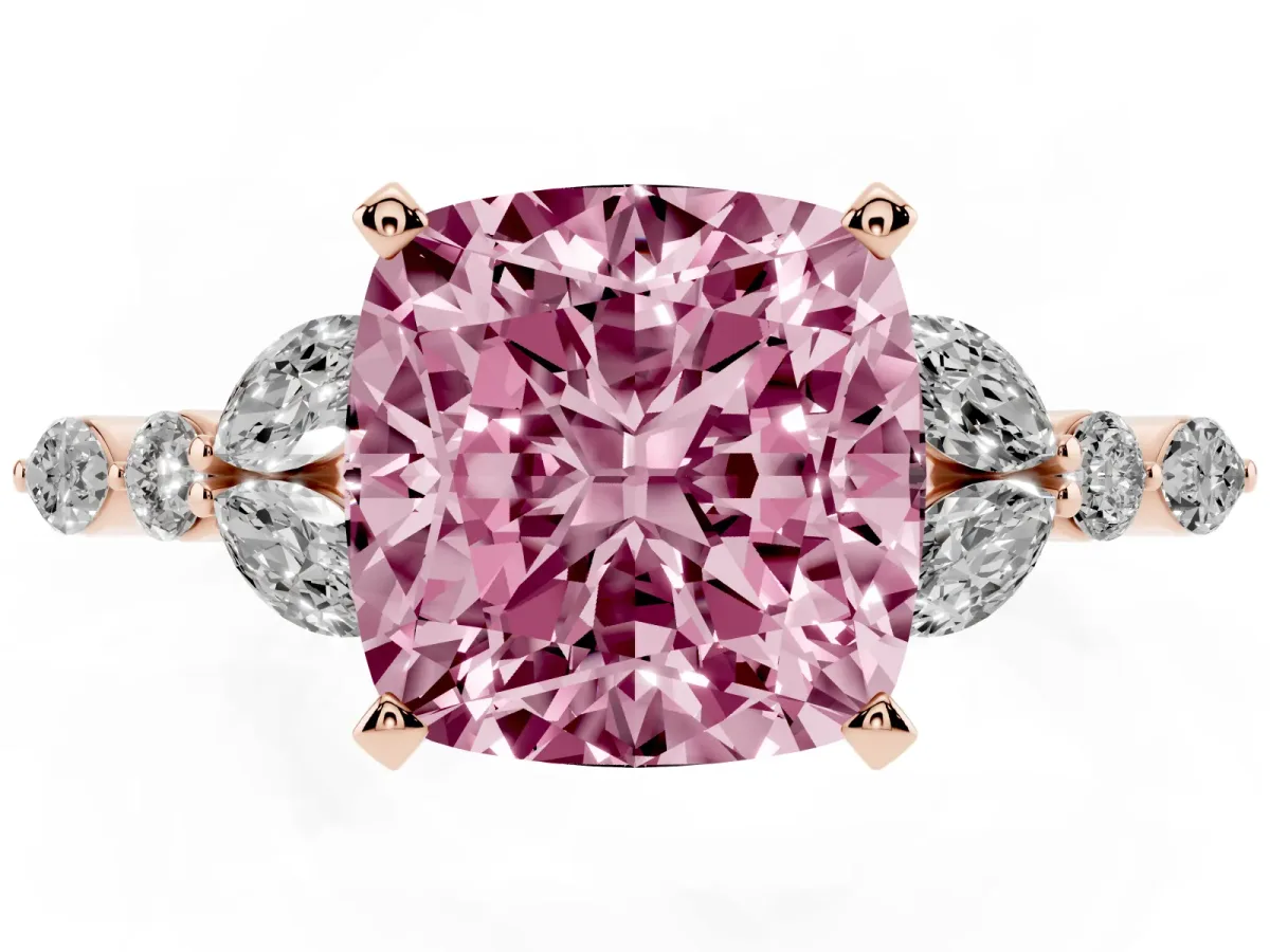 Fancy Pink Cushion Cut Diamond Solitaire Ring with Side Stones and Four-Prong Setting Rose gold