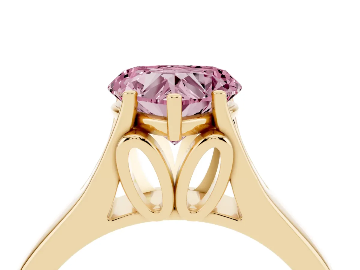 Fancy Pink Heart Cut Solitaire Diamond Ring with Cathedral Band and Four-Prong Setting Yellow gold