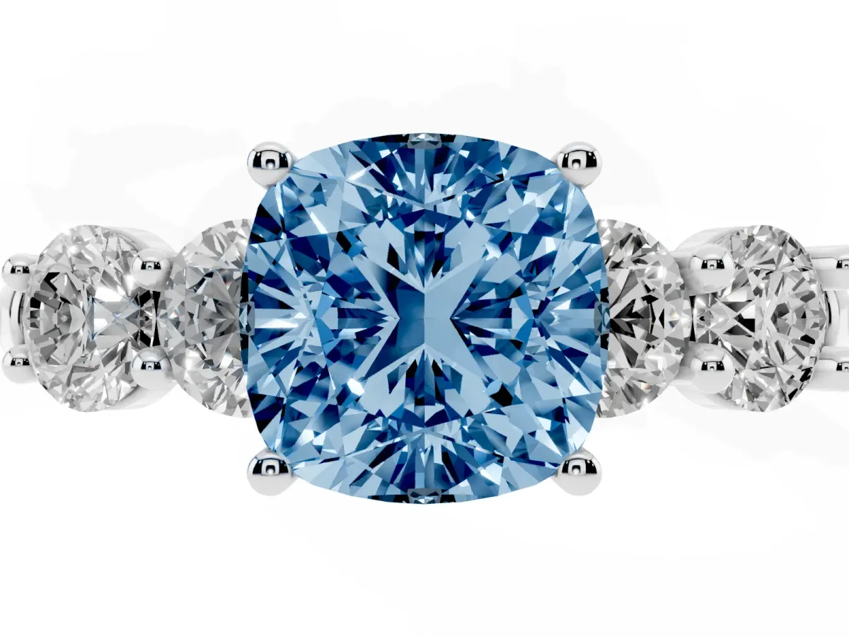 Fancy Blue Cushion Cut Cut Five-Stone Prong Set Diamond Ring with Classic Band Silver