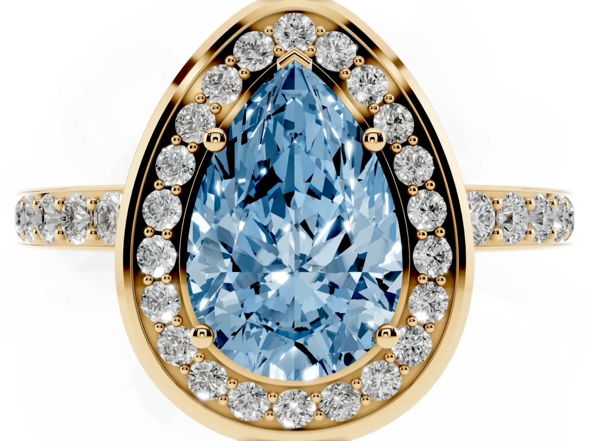 Fancy Blue Pear Cut Diamond Halo Ring with Bezel Frame and Pavé Band Yellow gold