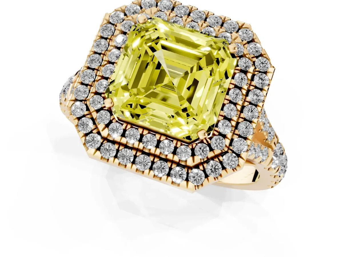 Fancy Yellow Asscher Cut Diamond Pavé Split Shank Double Halo Engagement Ring Yellow gold