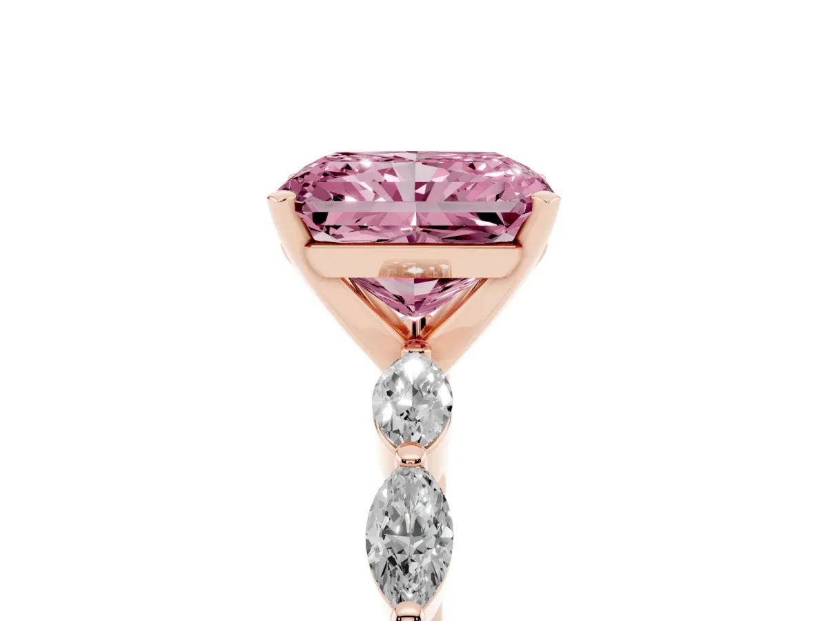 Fancy Pink Radiant Cut Diamond Ring with Marquise Side Stones and Prong Setting Rose gold