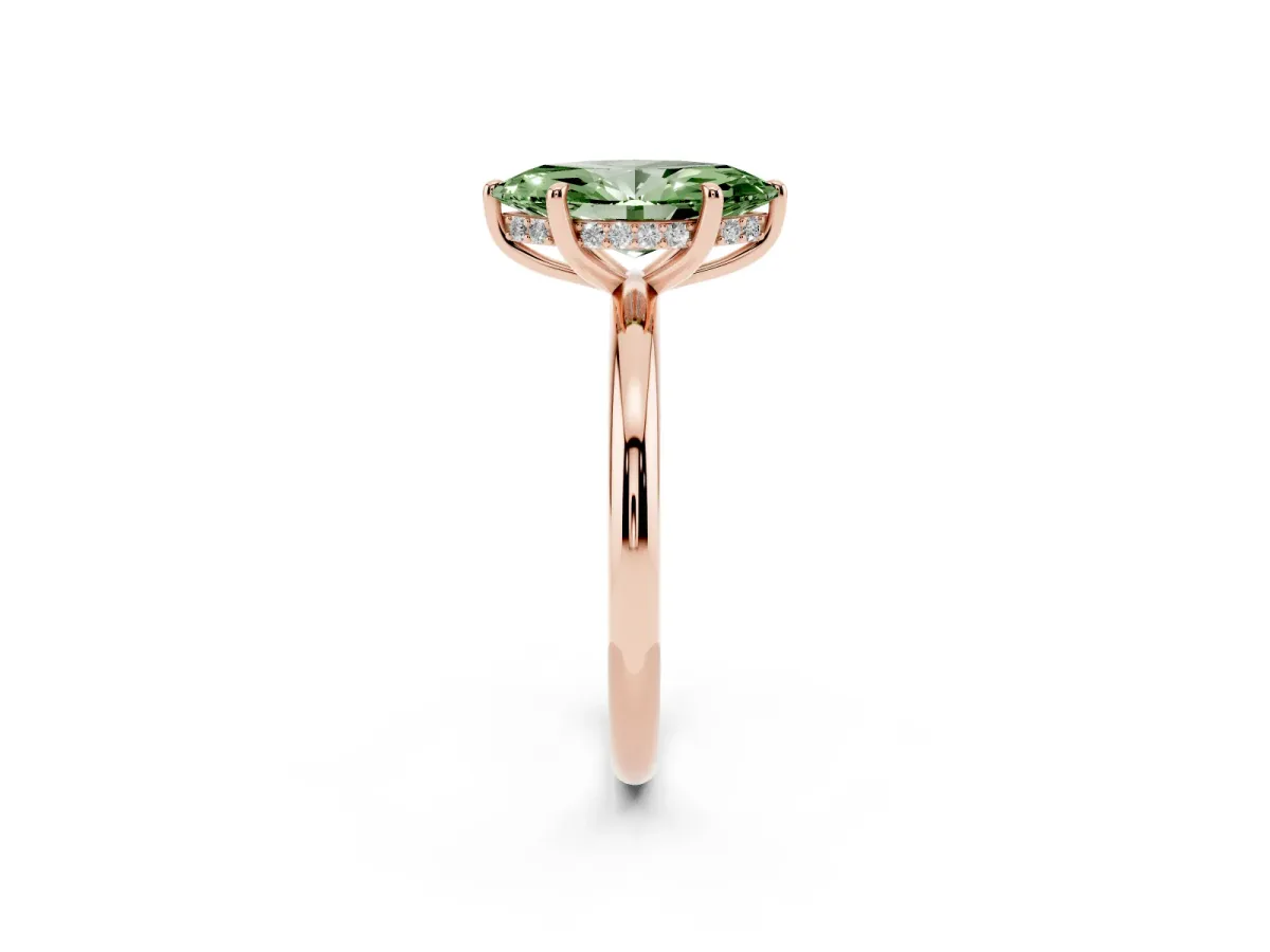 Fancy Green Marquise Cut Diamond Solitaire Ring with Thin Band and Four-Prong Setting Rose gold
