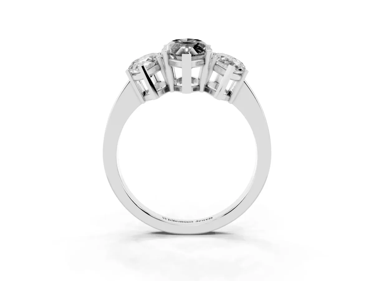 Fancy Black Three-Stone Marquise Cut Cut Diamond Engagement Ring with Flat Band and Four-Prong Setting Silver