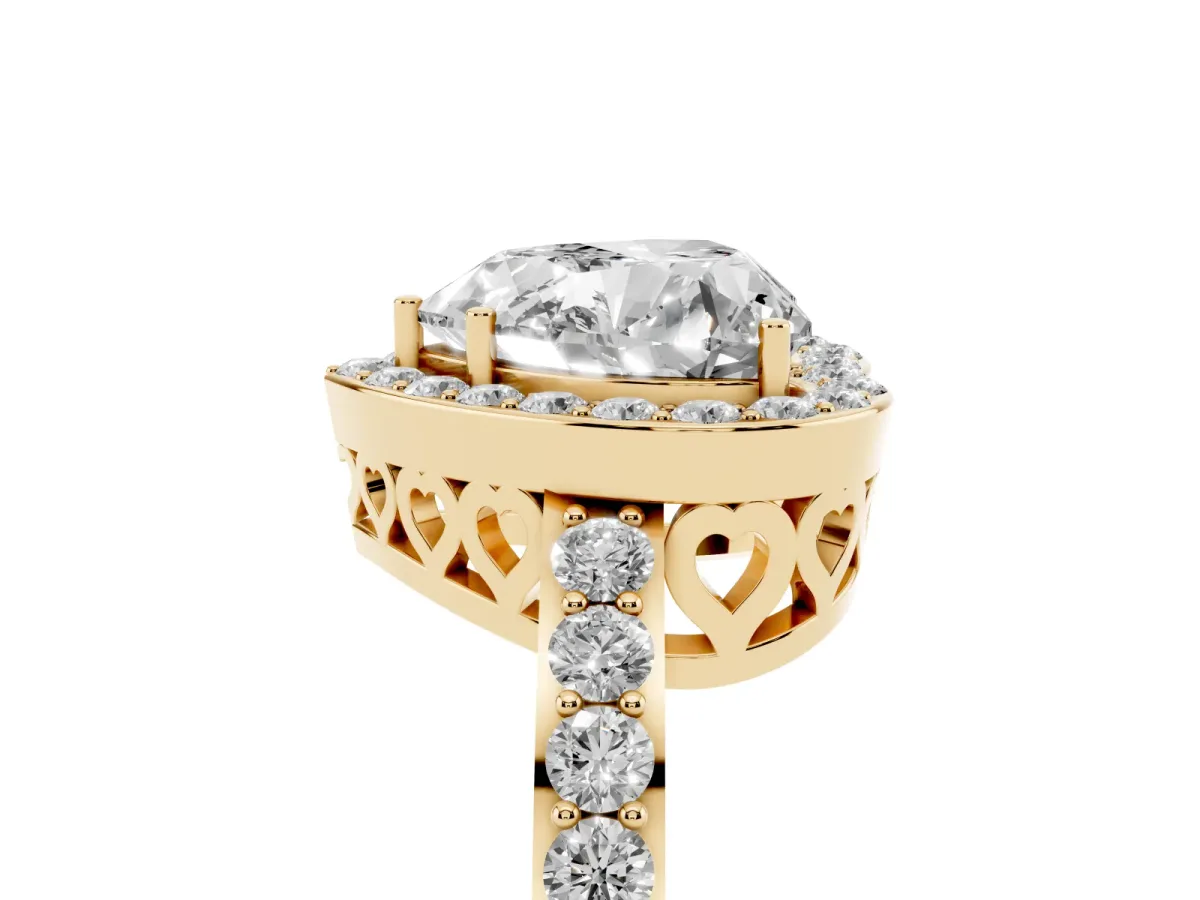 Heart Cut Halo Diamond Pavé Band Ring with Prong Setting Yellow gold