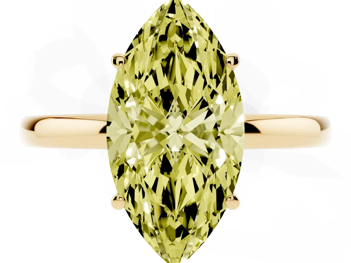 Fancy Yellow Marquise Cut Solitaire Diamond Ring with Prong Setting and Plain Band Yellow gold