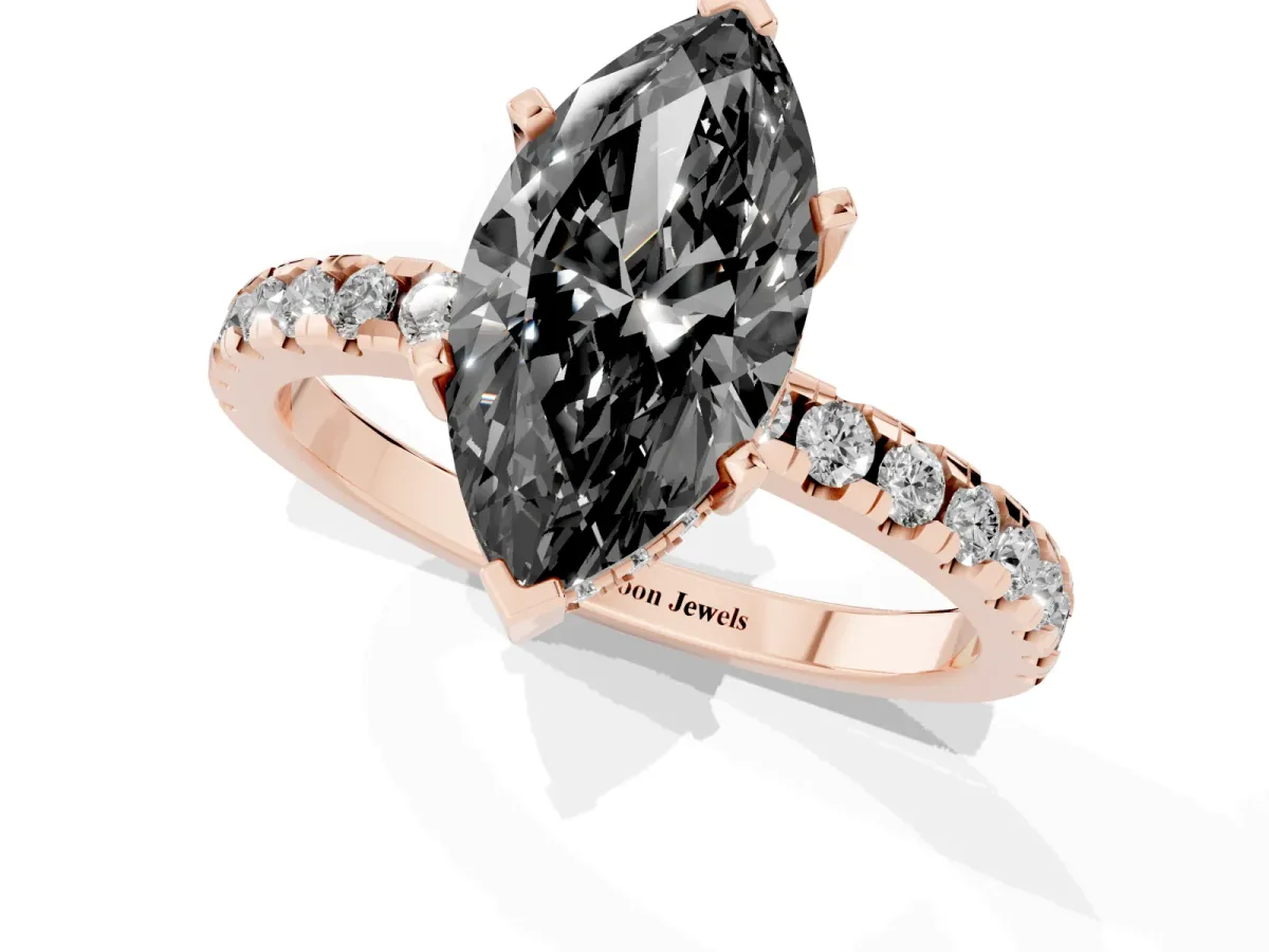 Fancy Black Marquise Cut Diamond Solitaire Ring with Round Pavé Band and Four-Prong Setting Rose gold