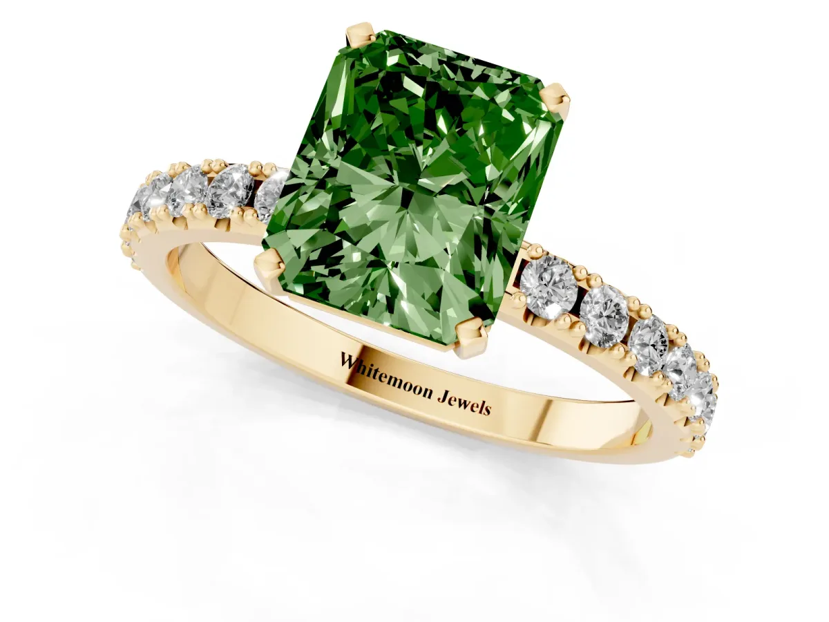 Fancy Green Radiant Cut Diamond Solitaire Pavé Band with Four-Prong Setting Yellow gold