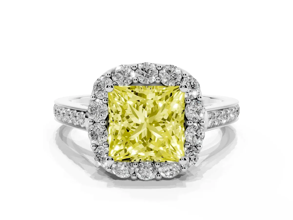 Fancy Yellow Princess Cut Diamond Floral Halo Ring with Pavé Band and Prong Setting White gold