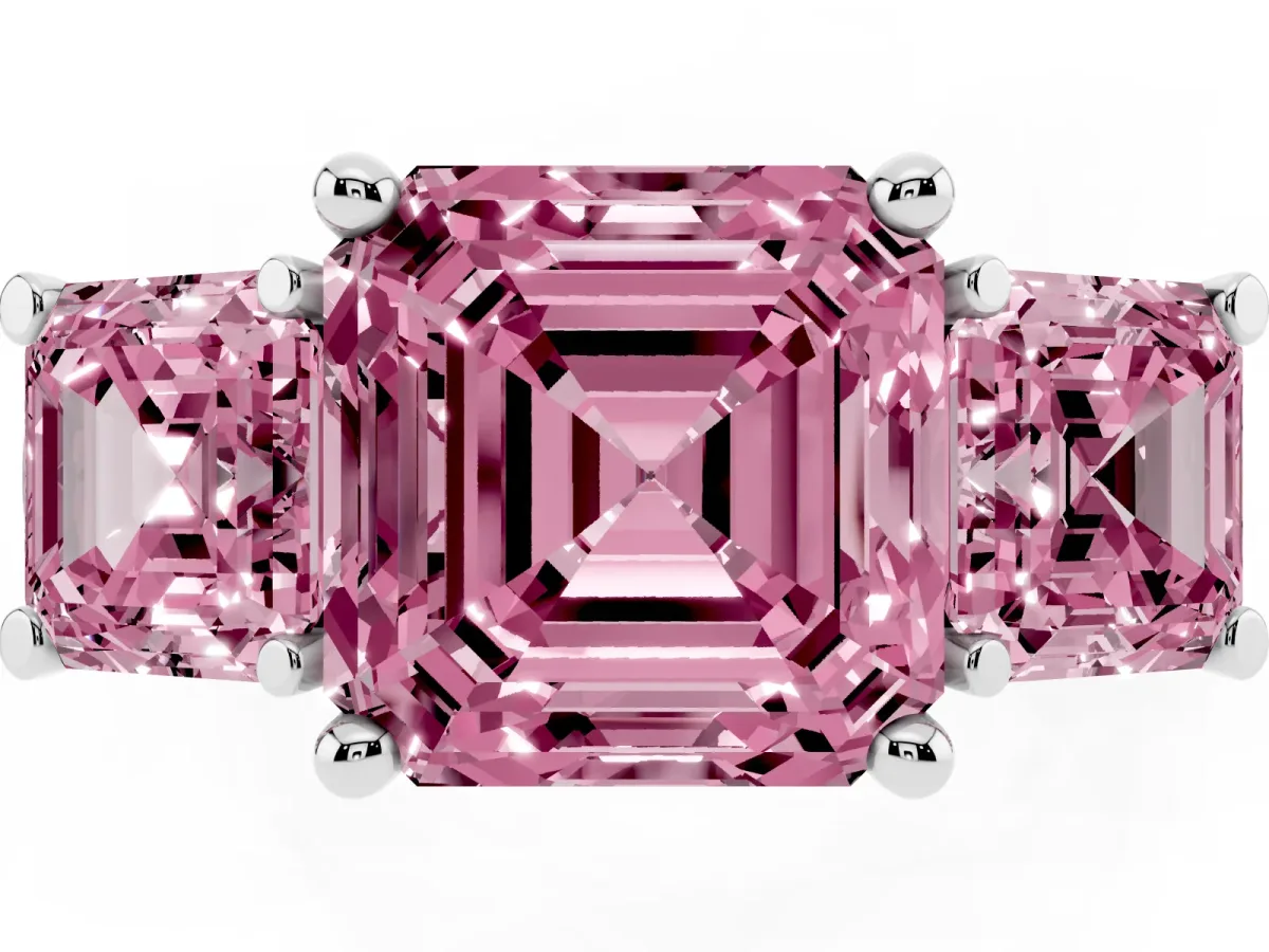 Fancy Pink Three-Stone Asscher Cut Brilliant Diamond Trellis Ring with Comfort Fit Band Silver