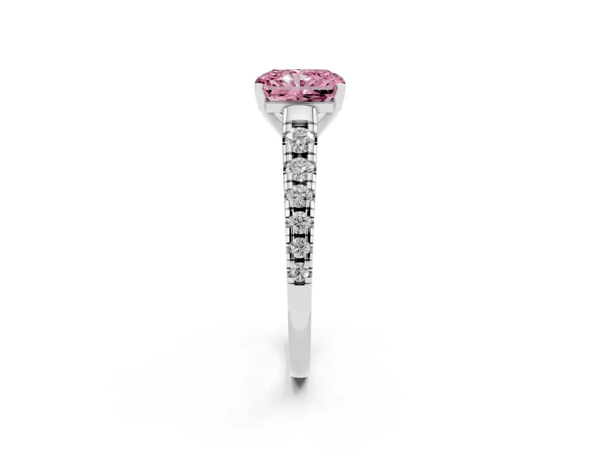 Fancy Pink Radiant Cut Diamond Cathedral Solitaire Ring with Round Pavé Band Platinum