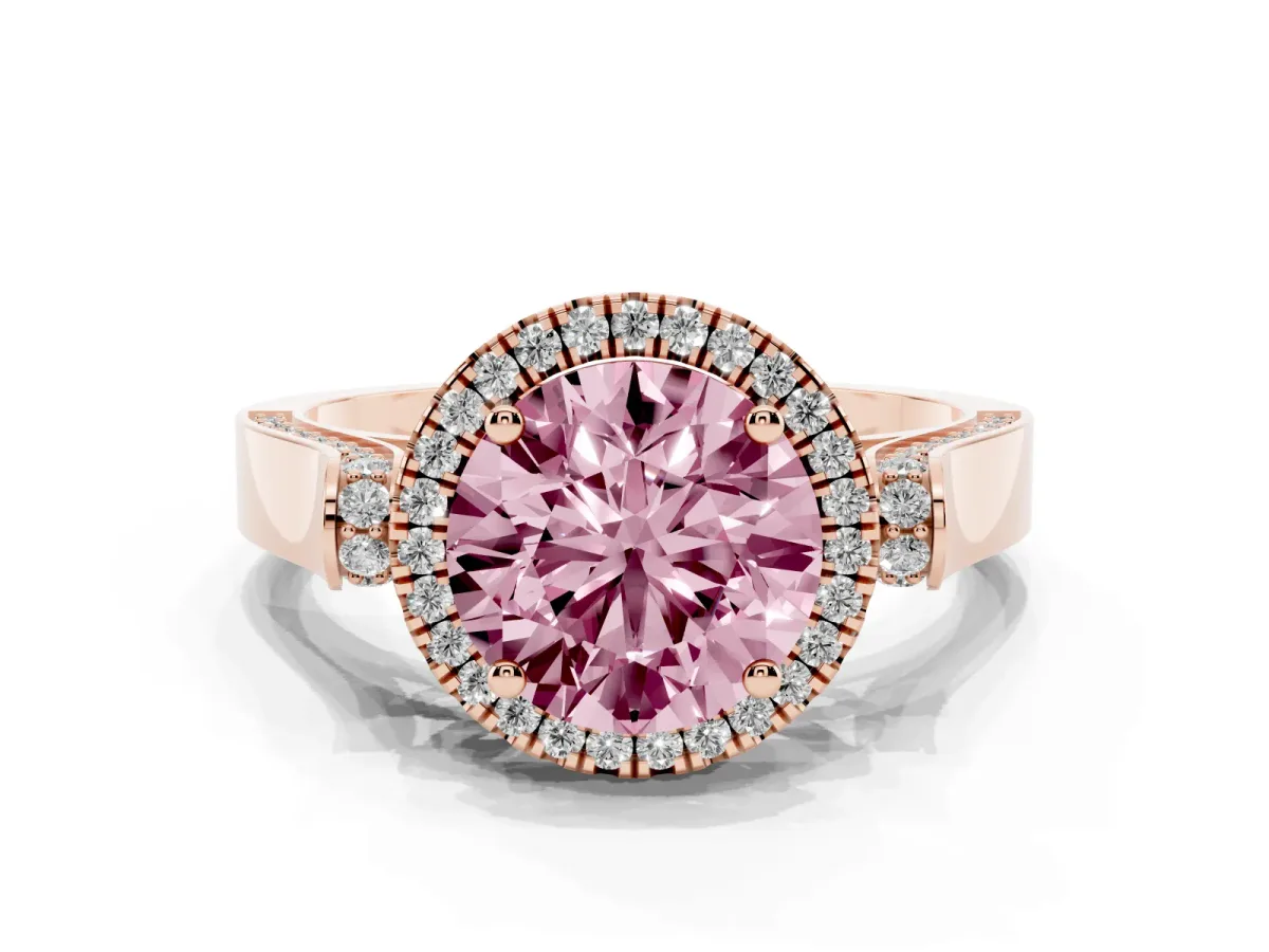 Fancy Pink Round Cut Halo Round Diamond Twist Band with Four-Prong Setting Rose gold