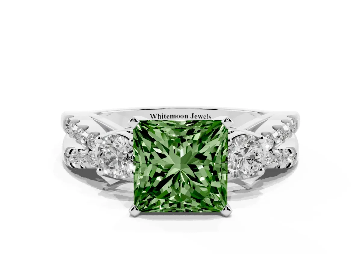 Fancy Green Princess Cut Diamond Three-Stone Ring with Pavé Split Shank and Four-Prong Setting Platinum