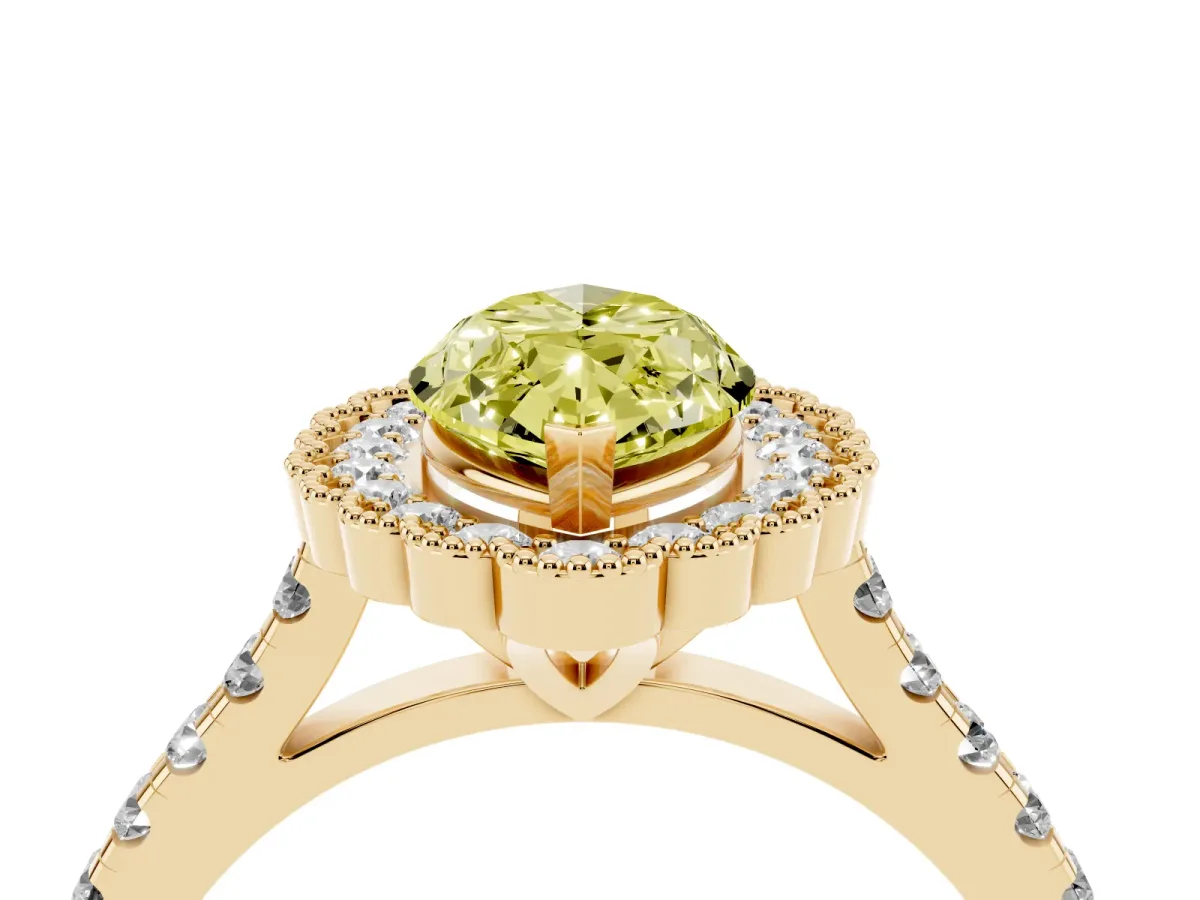 Fancy Yellow Marquise Cut Cut Diamond Milgrain Floral Halo Engagement Ring with Pavé Band Yellow gold