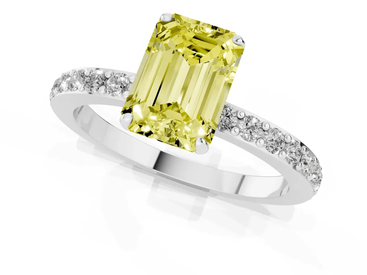 Fancy Yellow Emerald Cut Diamond Solitaire Engagement Ring with Pavé Band and Four-Prong Setting Silver
