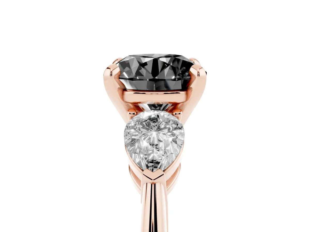 Fancy Black Three-Stone Round Cut Diamond Ring with Pear Side Stones and Four-Prong Setting Rose gold