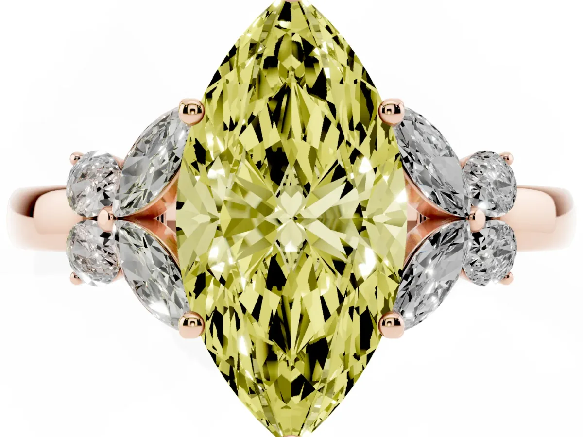 Fancy Yellow Marquise Cut Cut Solitaire Floral Diamond Ring with Four-Prong Setting Rose gold