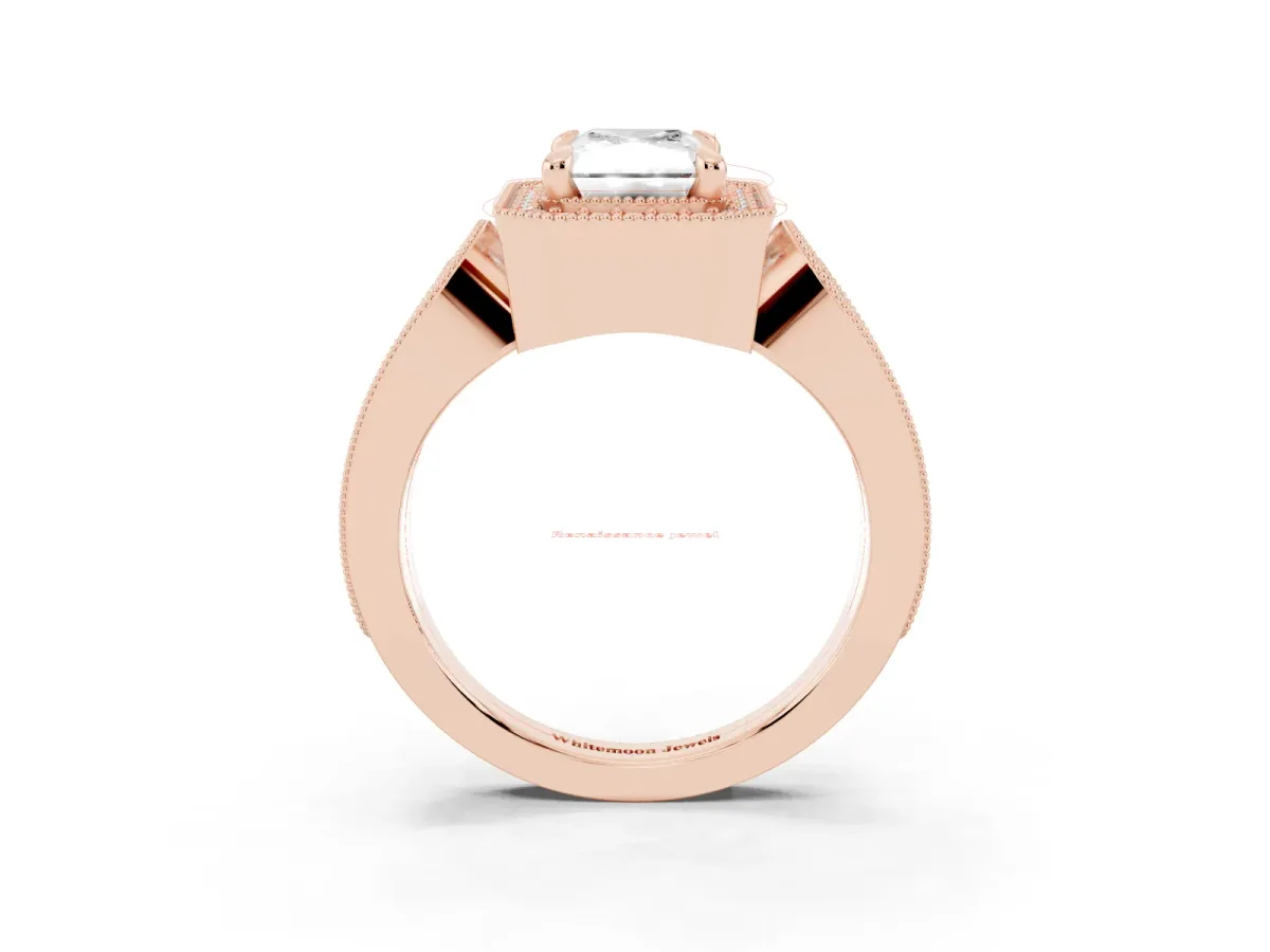 Radiant Cut Halo Split Shank Milgrain Diamond Ring Rose gold