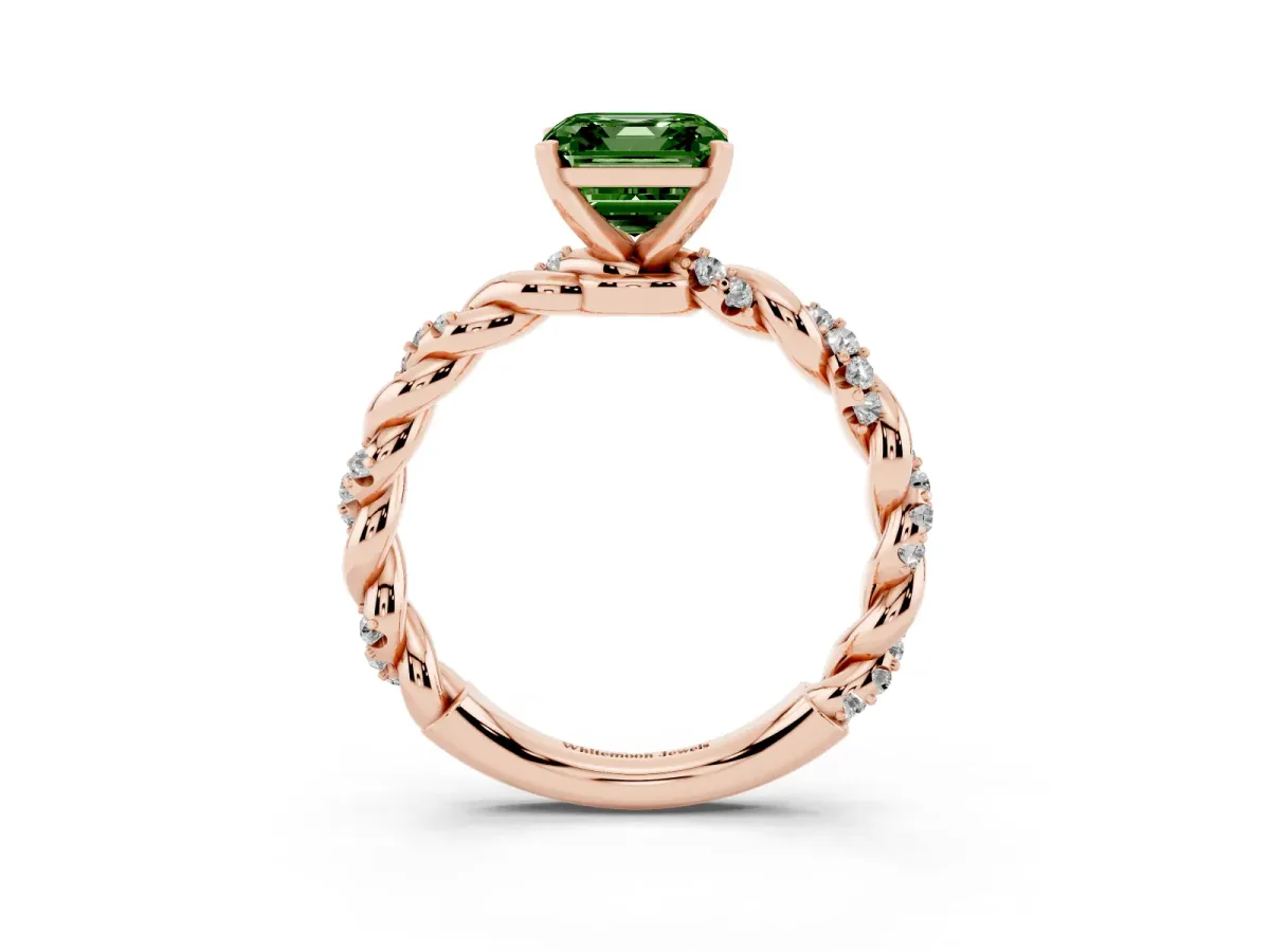 Fancy Green Asscher Cut Diamond Solitaire Ring with Twisted Band and Pavé Accents Rose gold