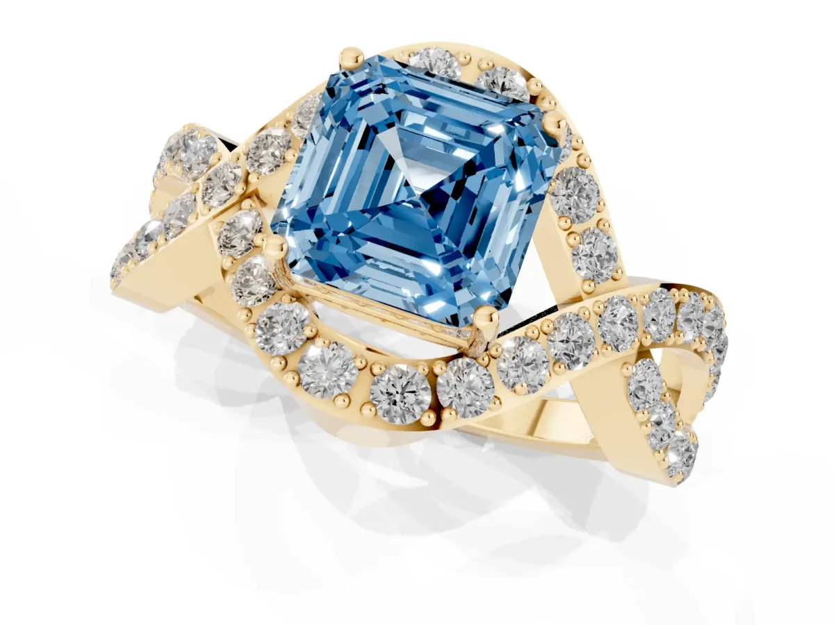 Fancy Blue Asscher Cut Solitaire Twist Band Pavé Diamond Engagement Ring Yellow gold
