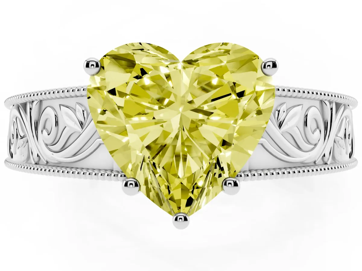 Fancy Yellow Heart Cut Diamond Solitaire Ring with Engraved Band and Four-Prong Setting White gold