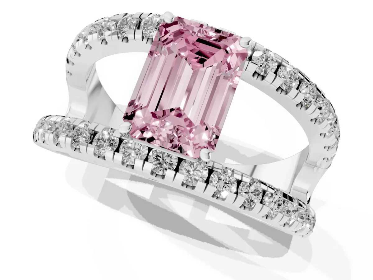 Fancy Pink Emerald Cut Solitaire Split Shank Pave Diamond Ring Silver