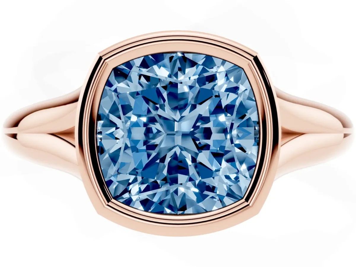 Fancy Blue Bezel Set Cushion Cut Solitaire Diamond Ring with Smooth Band Rose gold