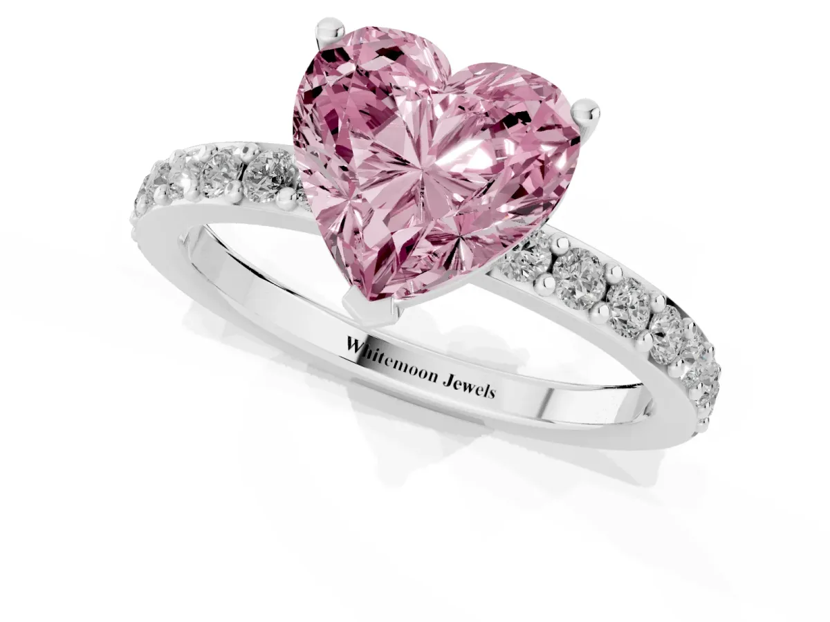 Fancy Pink Heart Cut Cut Diamond Solitaire with Pave Band and Four-Prong Setting Platinum