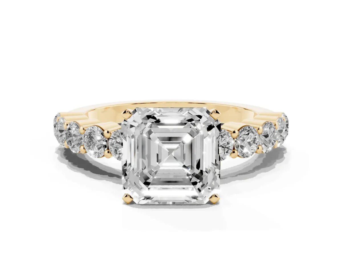 Asscher Cut Diamond Solitaire Ring with Shared Prong Round Side Stones Yellow gold