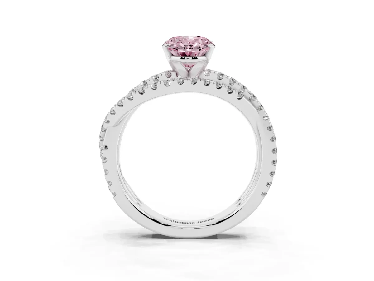 Fancy Pink Oval Cut Solitaire Twist Band with Pavé Setting and Four-Prong Setting Silver