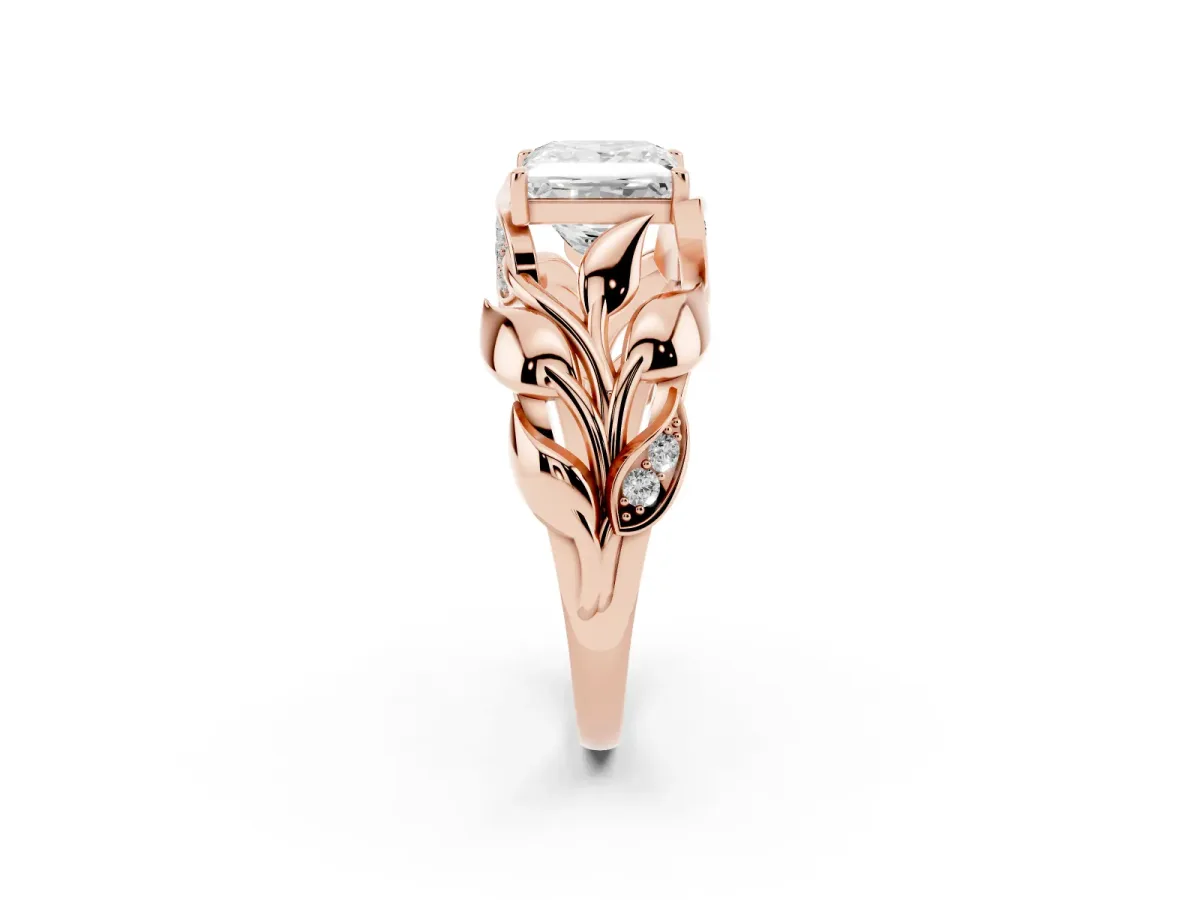 Princess Cut Diamond Leaf-Inspired Engagement Ring with Round Accents and Prong Setting Rose gold