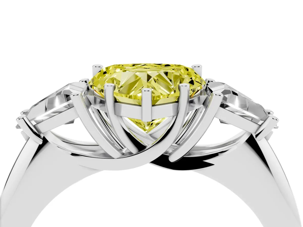 Fancy Yellow Three-Stone Heart Cut Diamond Engagement Ring with Trillion Side Stones and Prong Setting Silver