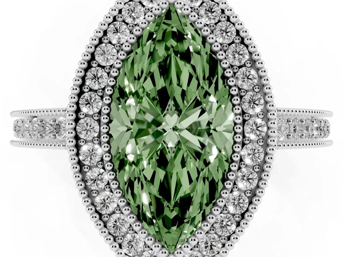 Fancy Green Marquise Cut Cut Halo Diamond Ring with Pavé Band and Milgrain Prong Setting White gold