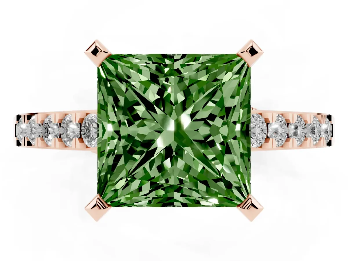 Fancy Green Princess Cut Diamond Solitaire Ring with Crossover Gallery and Round Pavé Band Rose gold