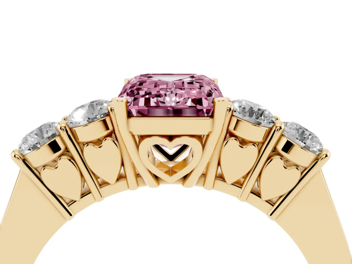 Fancy Pink Emerald Cut Cut Diamond Five-Stone Prong Set White Gold Ring Yellow gold