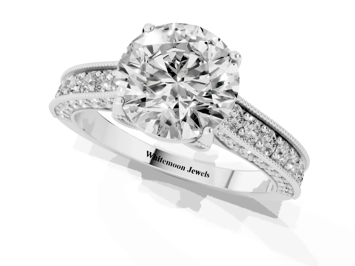Round Cut Cut Diamond Solitaire Ring with Milgrain Pave Band and Four Prong Setting White gold