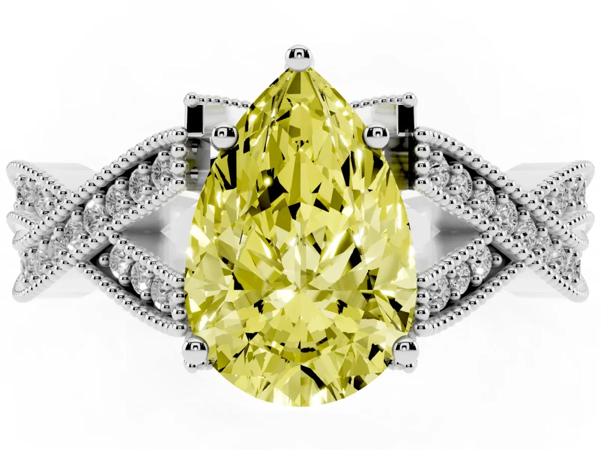 Fancy Yellow Pear Cut Cut Diamond Twisted Band with Milgrain Pave Setting and Four-Prong Setting Silver