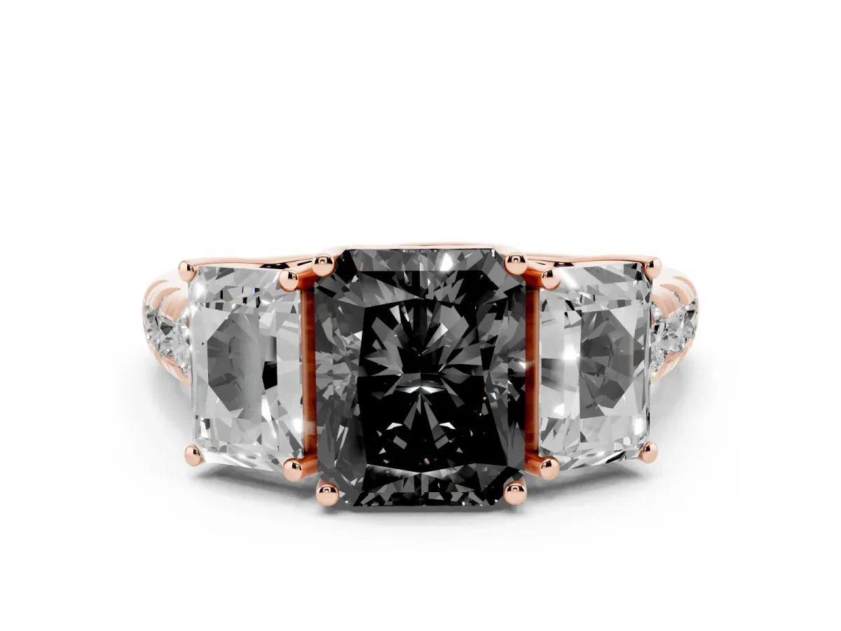 Fancy Black Three-Stone Radiant Cut Diamond Pavé Band with Prong Setting Rose gold