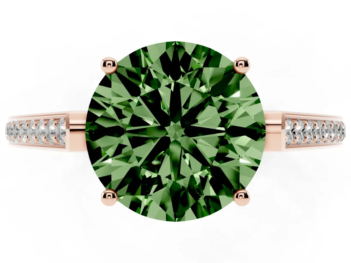 Fancy Green Round Cut Cut Cathedral Pave Diamond Engagement Ring with Six-Prong Setting Rose gold