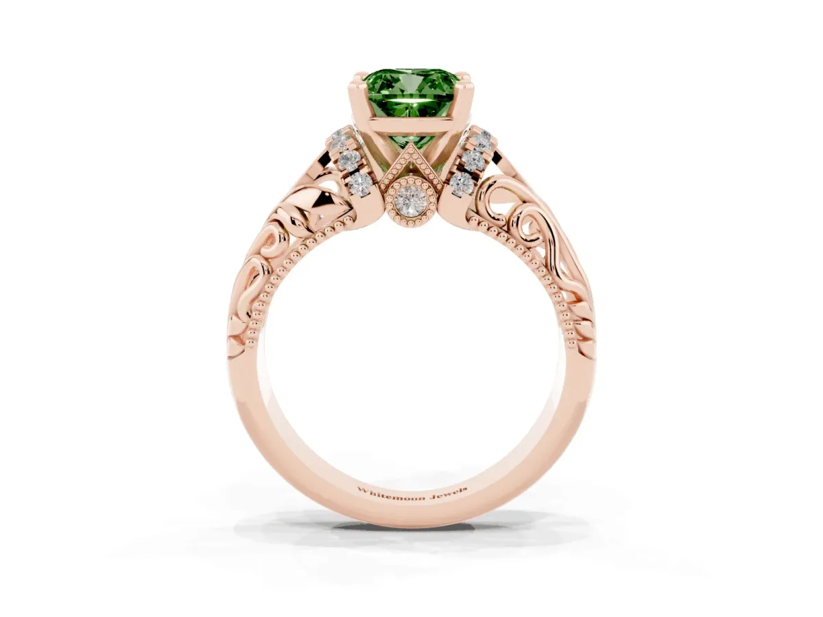 Fancy Green Cushion Cut Solitaire Filigree Engagement Ring with Halo and Prong Setting Rose gold