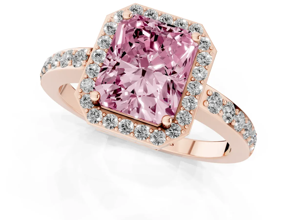 Fancy Pink Radiant Cut Halo Diamond Pavé Band Ring with Prong Setting Rose gold