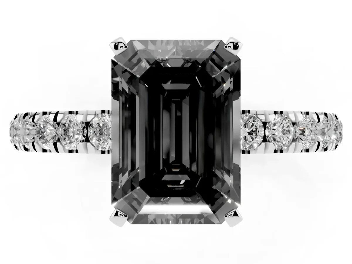 Fancy Black Emerald Cut Diamond Solitaire Ring with Pavé Accents and Four-Prong Setting Silver