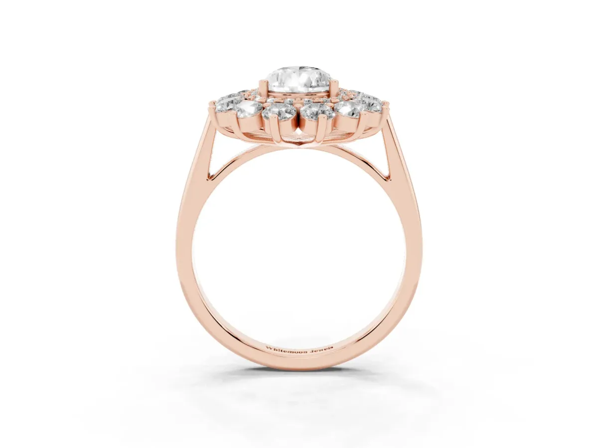Pear Cut Diamond Floral Double Halo Engagement Ring with Prong Setting Rose gold