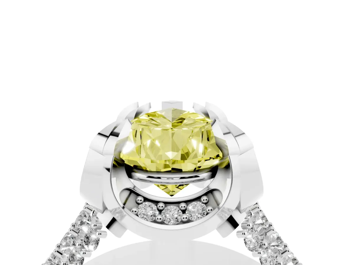 Fancy Yellow Pear Cut Solitaire Pave Split Shank Ring with Four-Prong Setting Silver