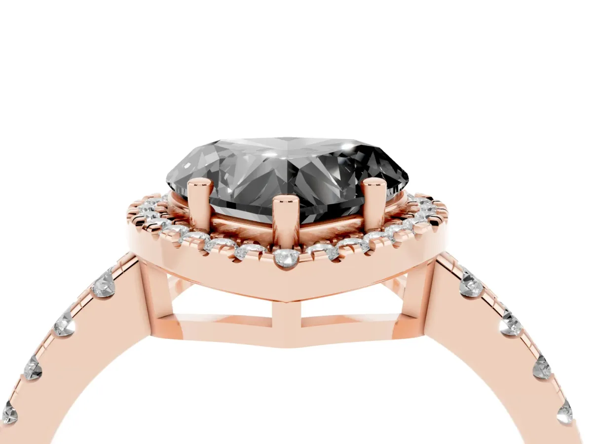 Fancy Black Heart Cut Diamond Halo Ring with Pavé Band and Four-Prong Setting Rose gold