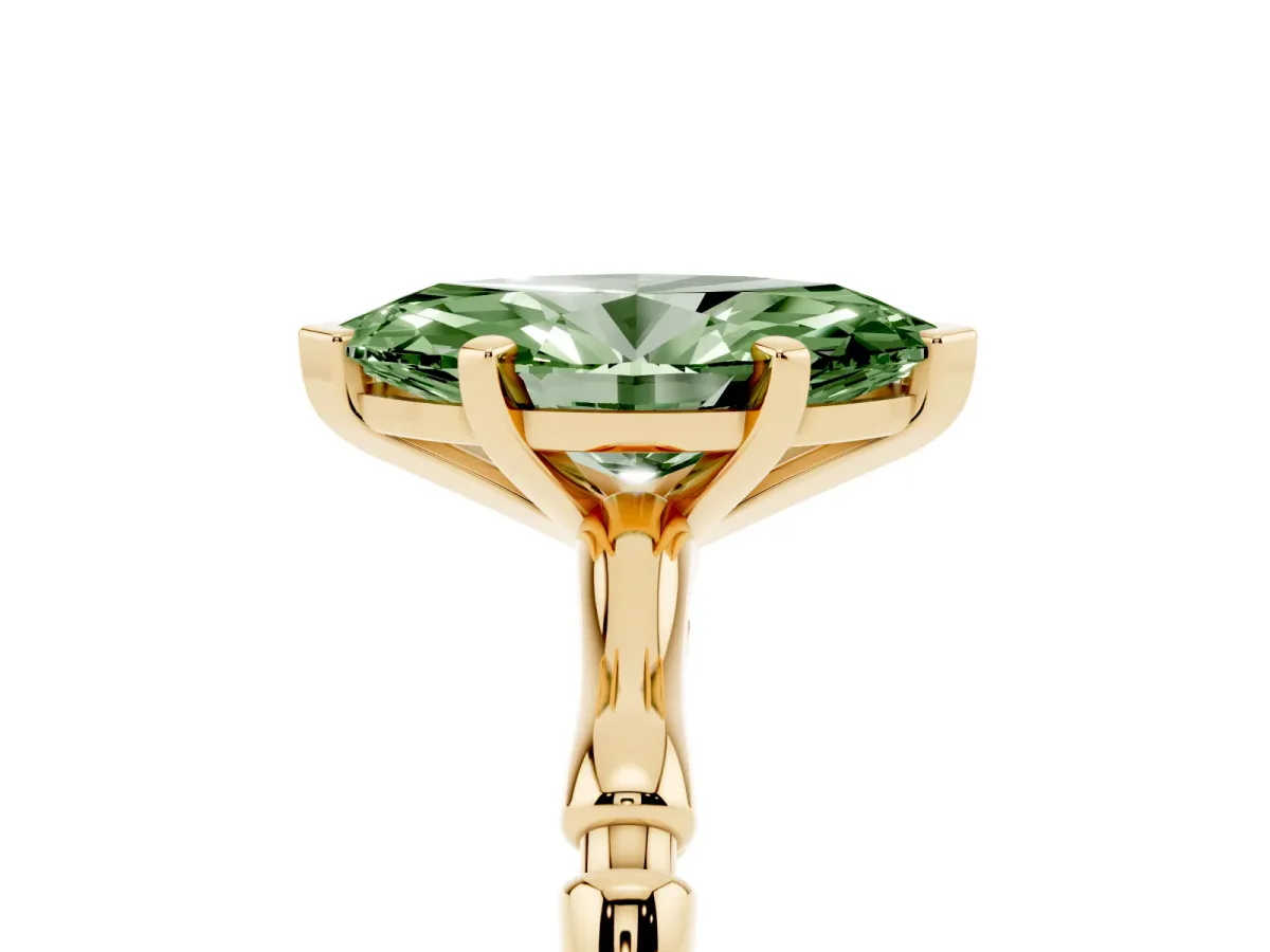 Fancy Green Marquise Cut Solitaire Diamond Ring with Bamboo Band and Four-Prong Setting Yellow gold