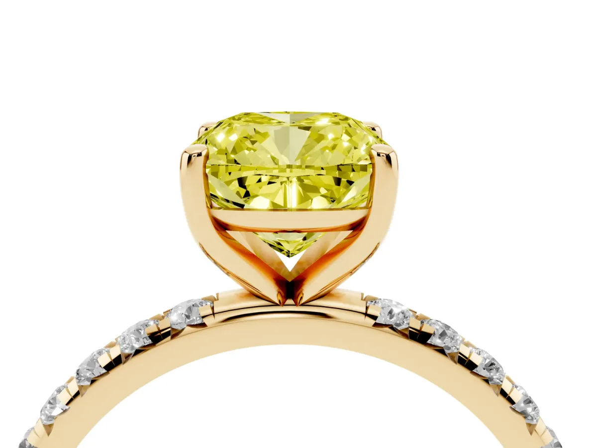 Fancy Yellow Cushion Cut Cut Diamond Solitaire Ring with Micro Pave Band and Four Prong Setting Yellow gold