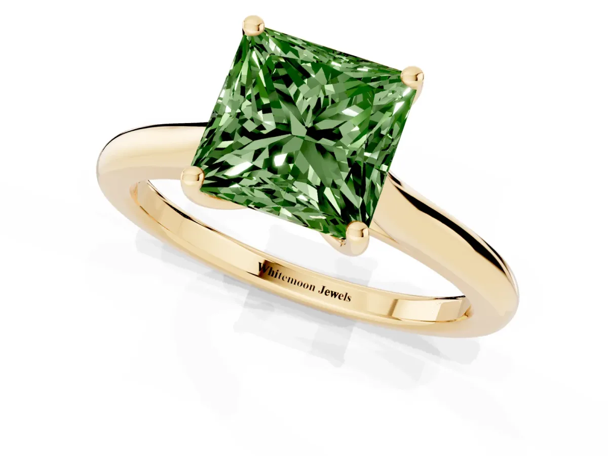 Fancy Green Princess Cut Cut Solitaire Ring with Cathedral Band and Four-Prong Setting Yellow gold
